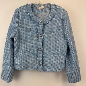 Loft Blue White Tweed Fringe Trim Button Front Jacket Coat  Blazer XL RN140923
